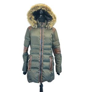 Nicole Benisti olive green brown leather duck down feather faux fur hood coat L